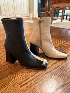 ALOHAS South Bicolor Boots Stone Beige Black Square Toe Block Heel Ankle Boots